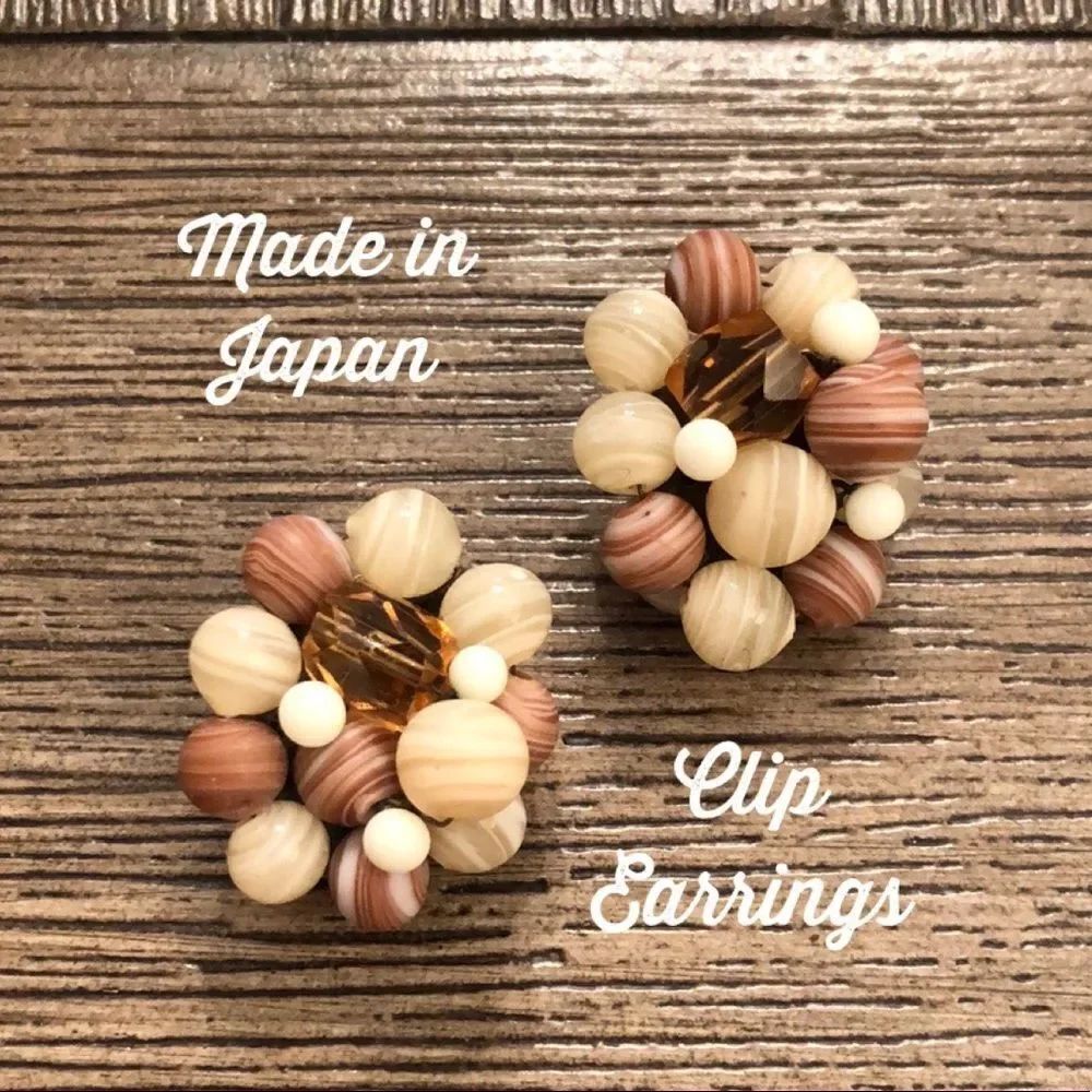 Vintage Japan Striped Glass Bead Clip Earrings